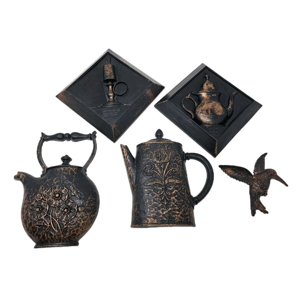 Vintage HOMCO COPPERCO Kitchen Wall Plaque 70s Coffee Pot Tea Kettle Hummingbird